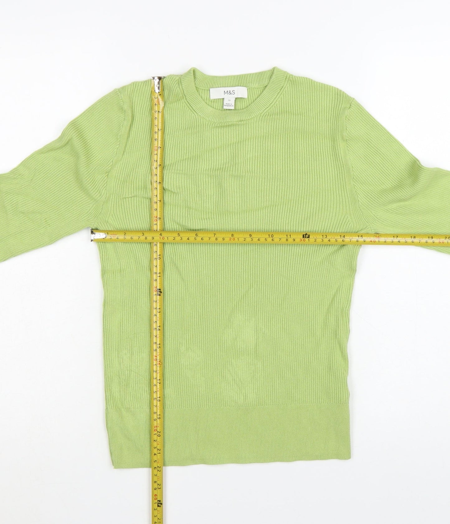 Marks and Spencer Womens Green Size 12 Ribbed Crew Neck Jumper