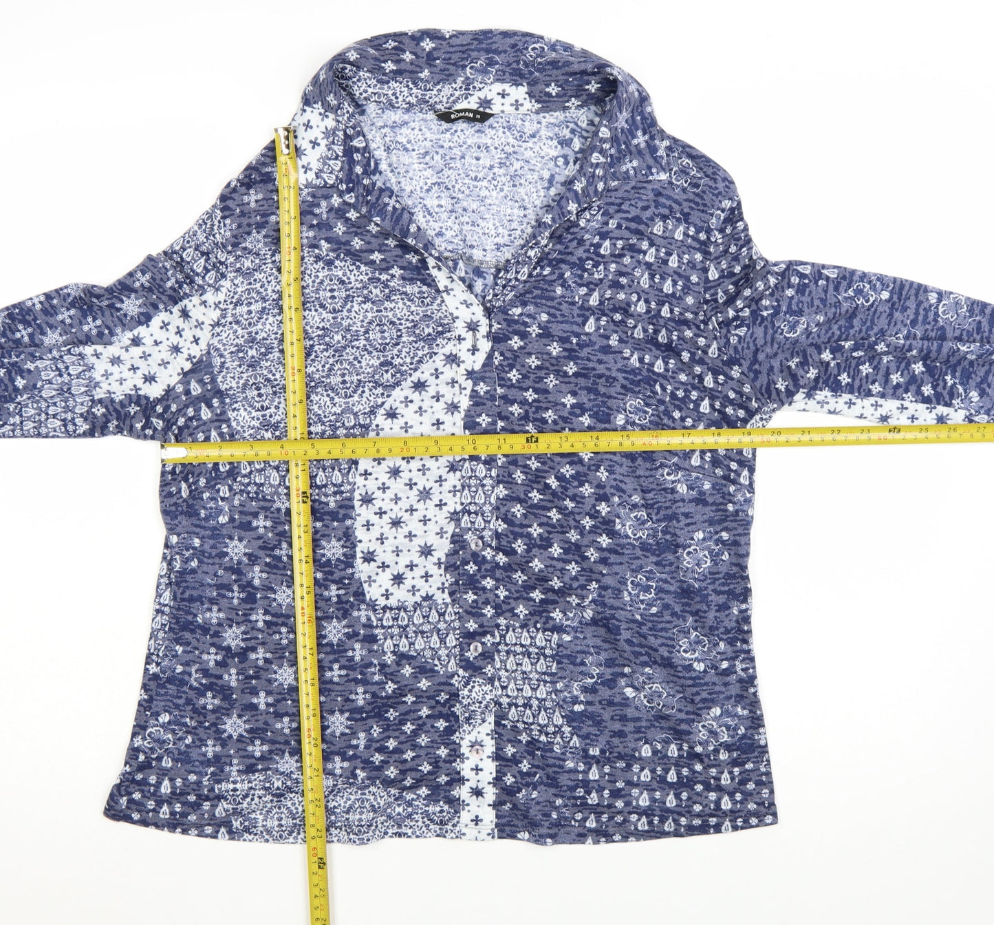 Roman Women Blue Floral Collared Long Sleeve Tunic Blouse Size 20