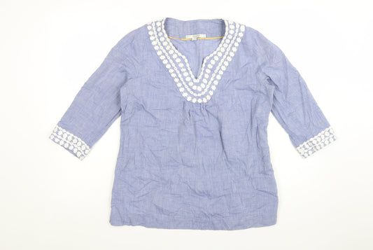 Boden Women Blue Cotton Tunic Blouse UK 12 Embroidered V-Neck 3/4 Sleeve