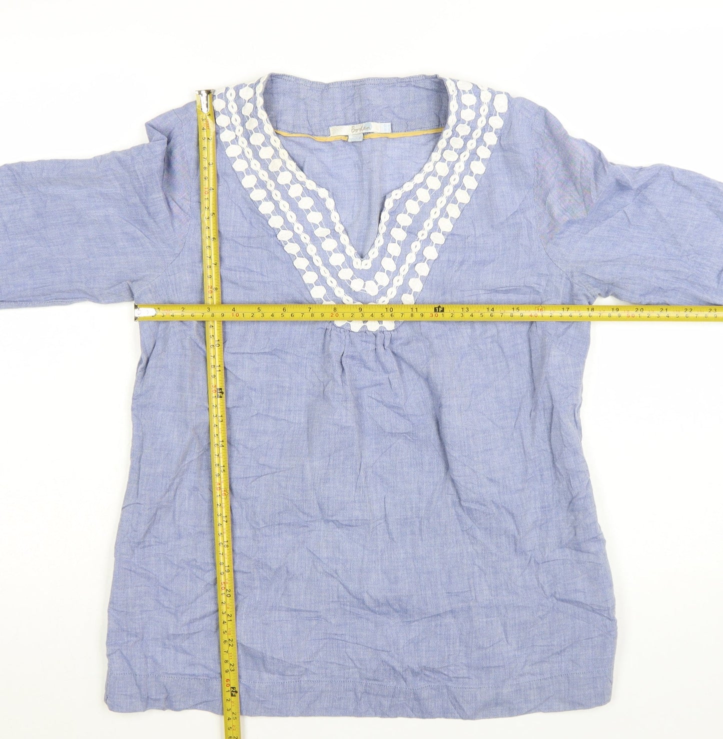Boden Women Blue Cotton Tunic Blouse UK 12 Embroidered V-Neck 3/4 Sleeve