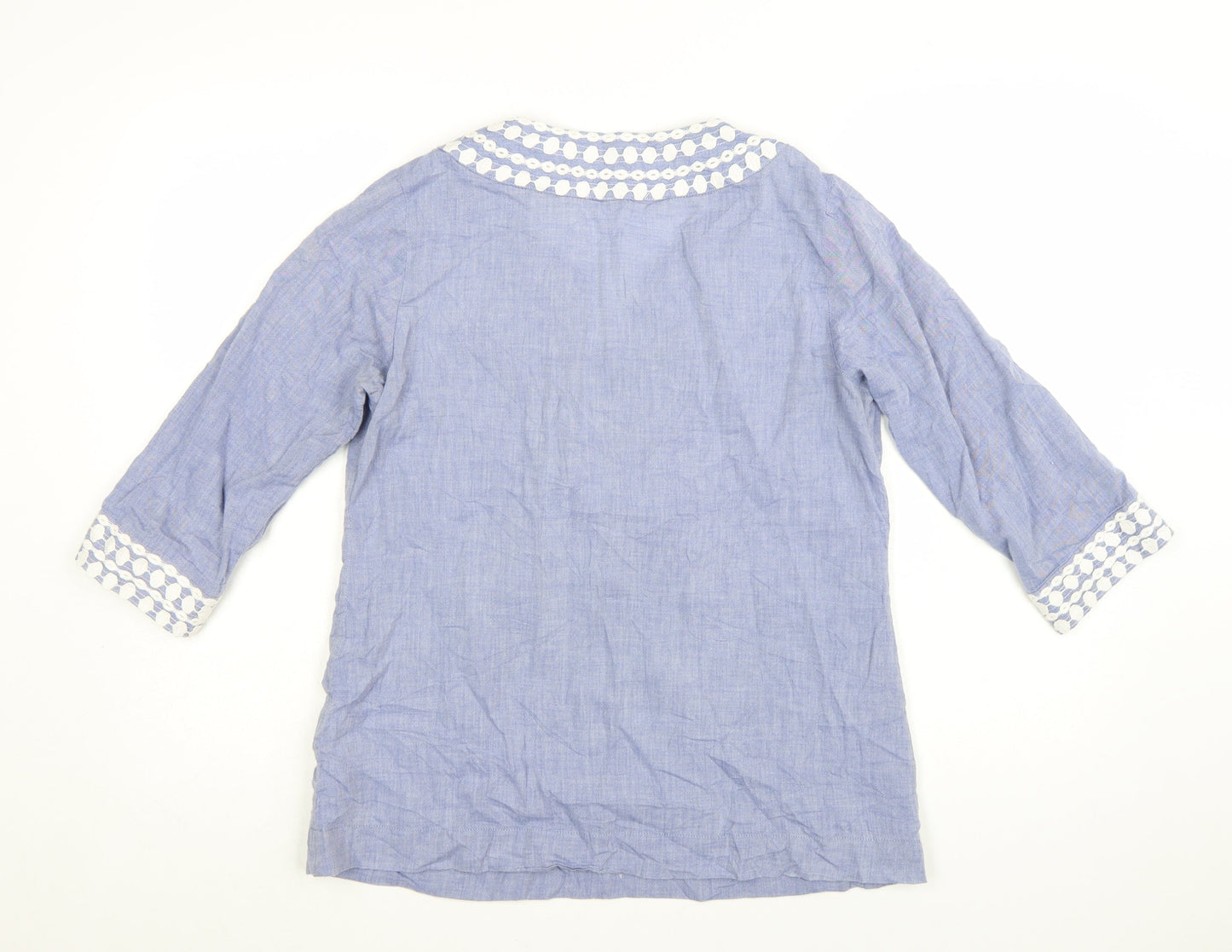 Boden Women Blue Cotton Tunic Blouse UK 12 Embroidered V-Neck 3/4 Sleeve