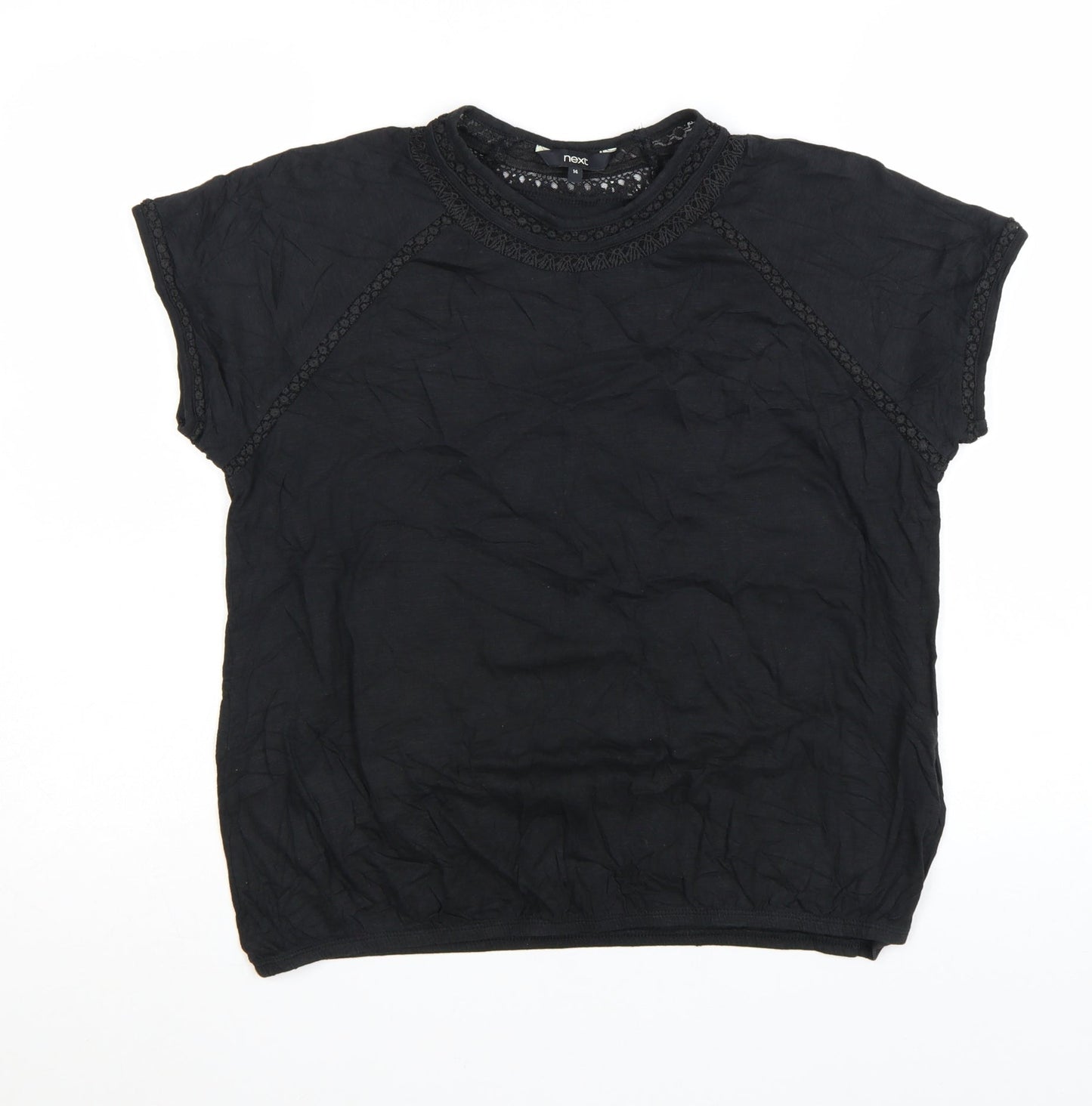 Next Womens Black Cotton Crochet Trim Short Sleeve T-Shirt Size 14
