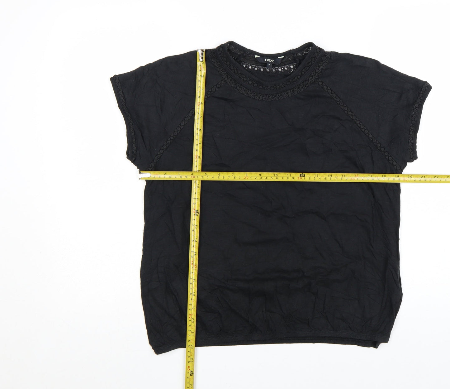 Next Womens Black Cotton Crochet Trim Short Sleeve T-Shirt Size 14