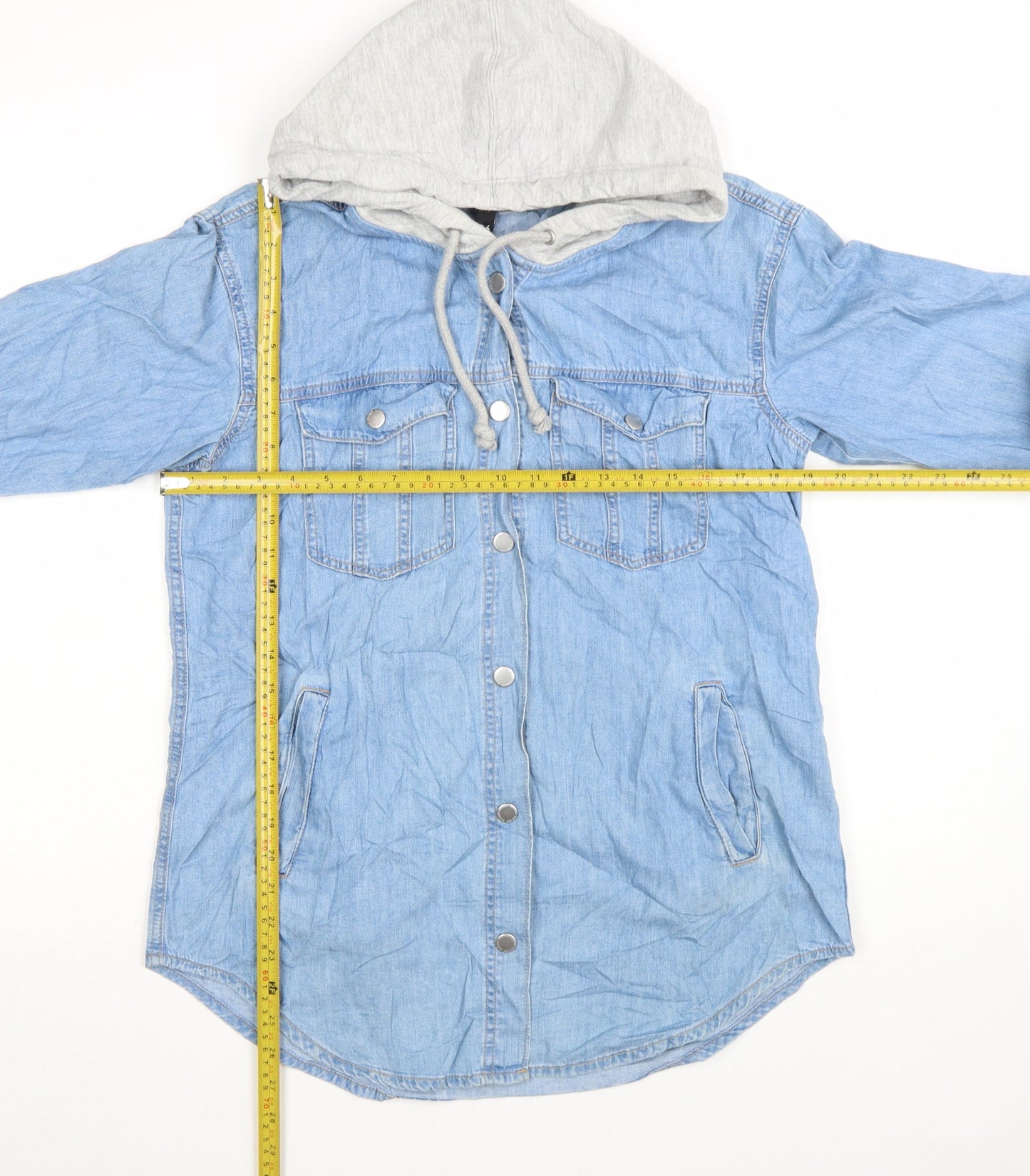 H&M Divided Womens Blue Denim Hooded Button-Up Shirt Size 8