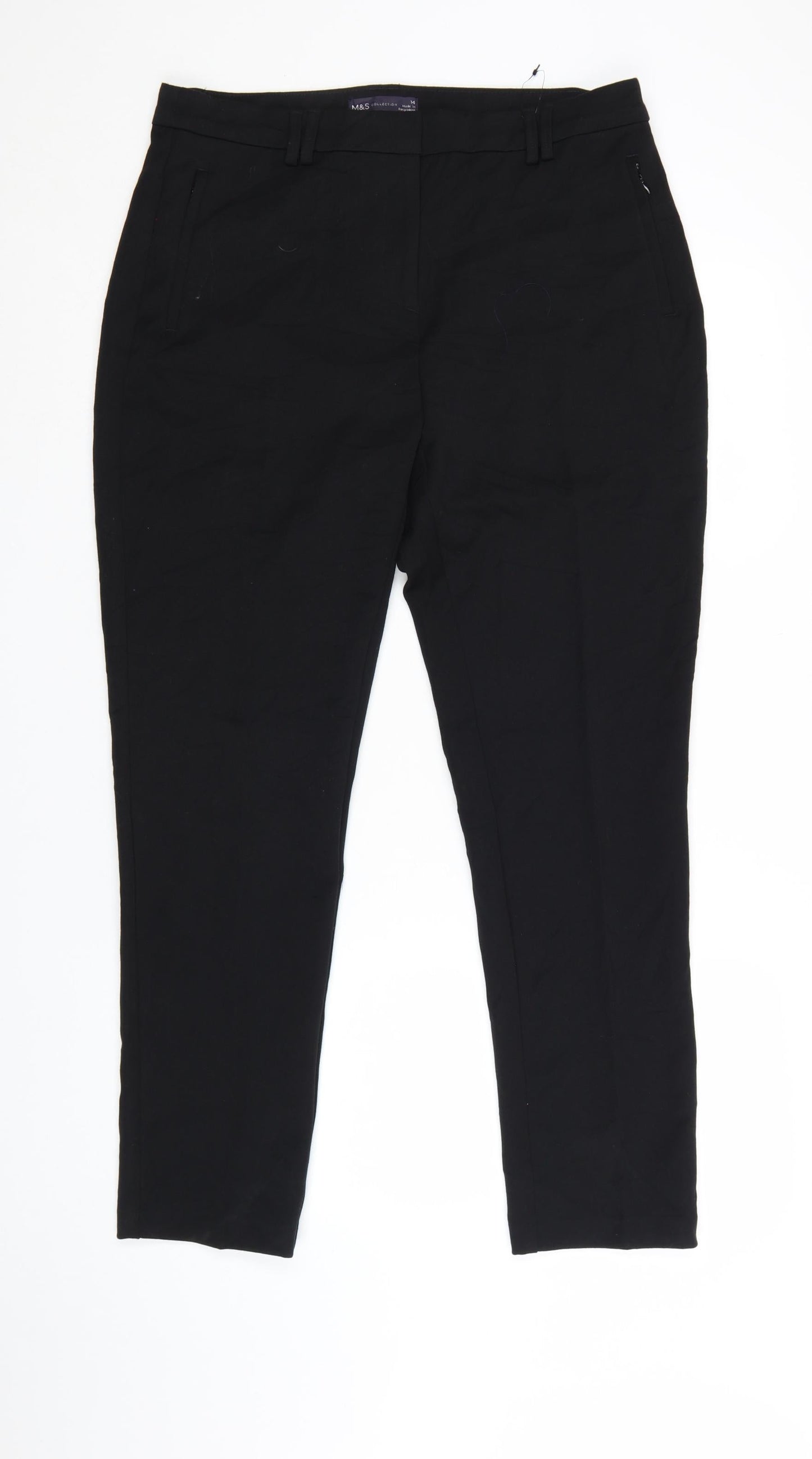 Marks and Spencer Women Black Tapered Trousers Size 14 Polyester Blend