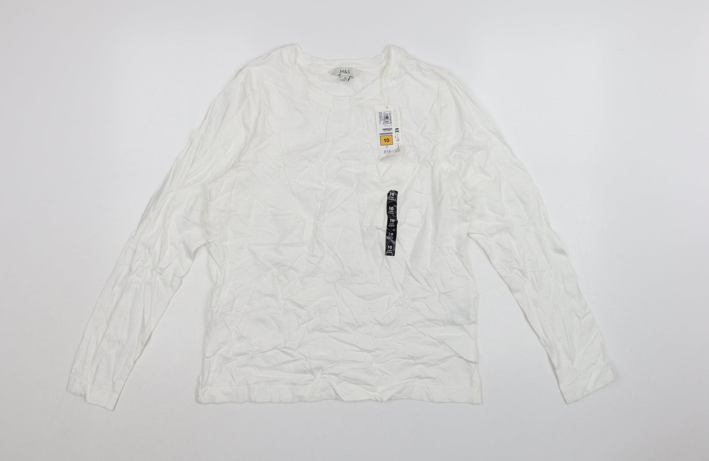 Marks and Spencer Women White Long Sleeve Basic Cotton T-Shirt Size 10