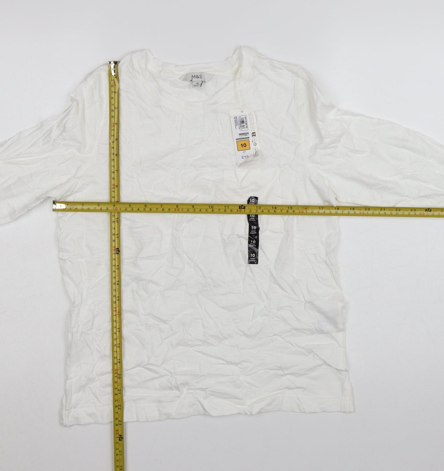 Marks and Spencer Women White Long Sleeve Basic Cotton T-Shirt Size 10