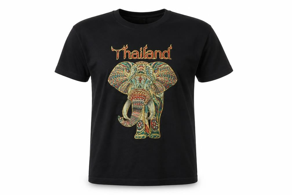 FOAT Unisex Black Elephant Thailand Graphic Cotton T-Shirt 2XL