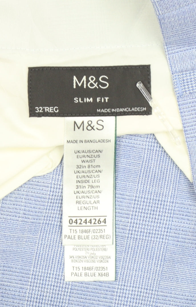 Marks and Spencer Men's Blue Slim Fit Check Chino Trousers 32W 31L