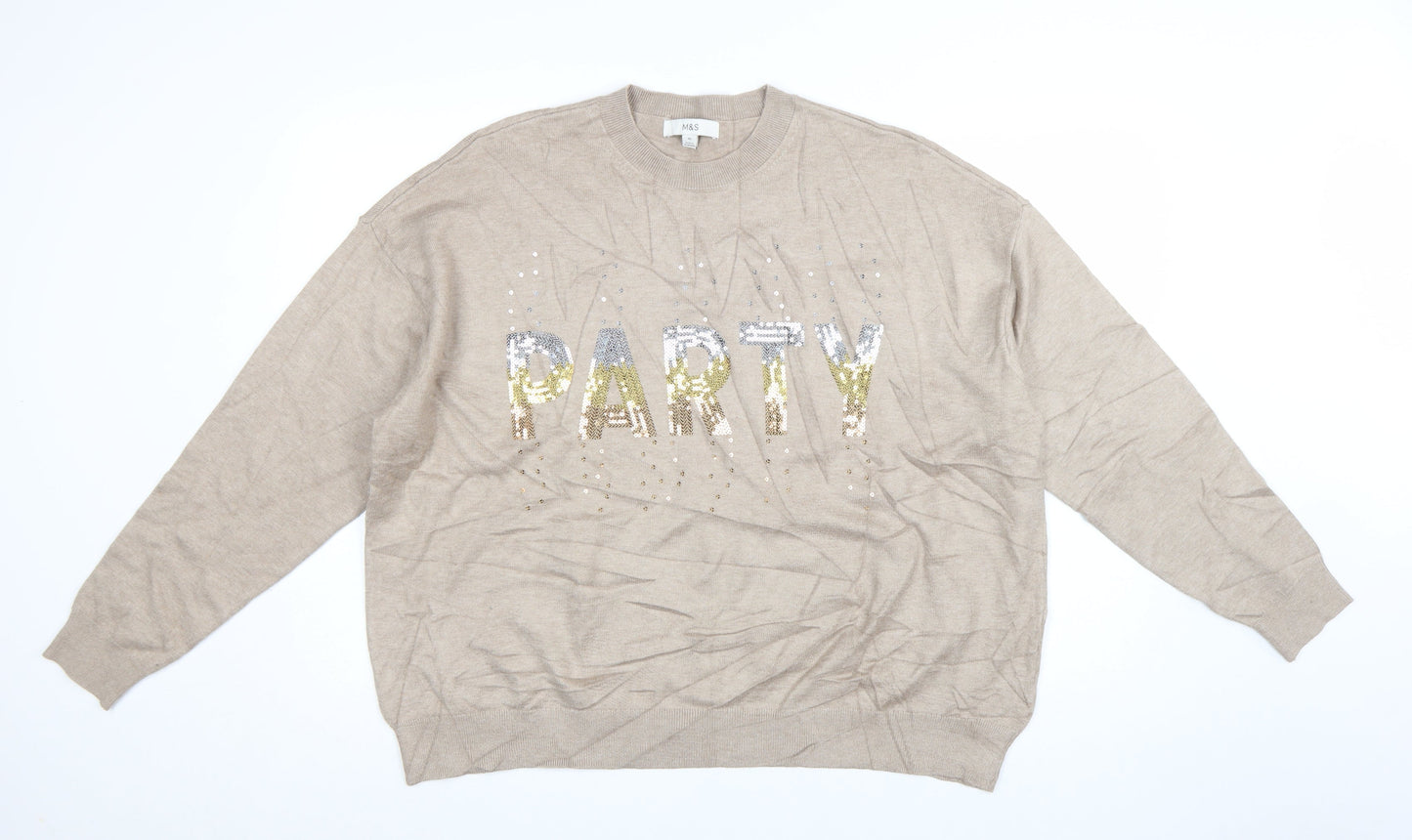Marks and Spencer Women Beige Sequin Party Pullover Jumper XL