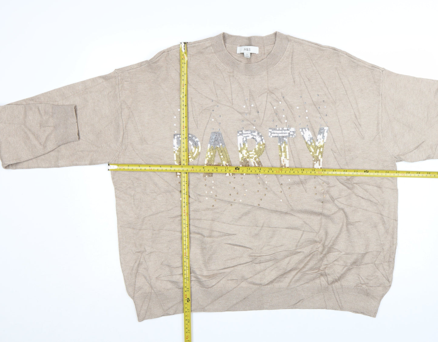 Marks and Spencer Women Beige Sequin Party Pullover Jumper XL