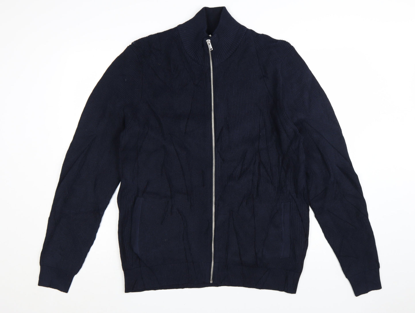 Marks and Spencer Men Blue XL Full Zip Cotton Blend Jumper