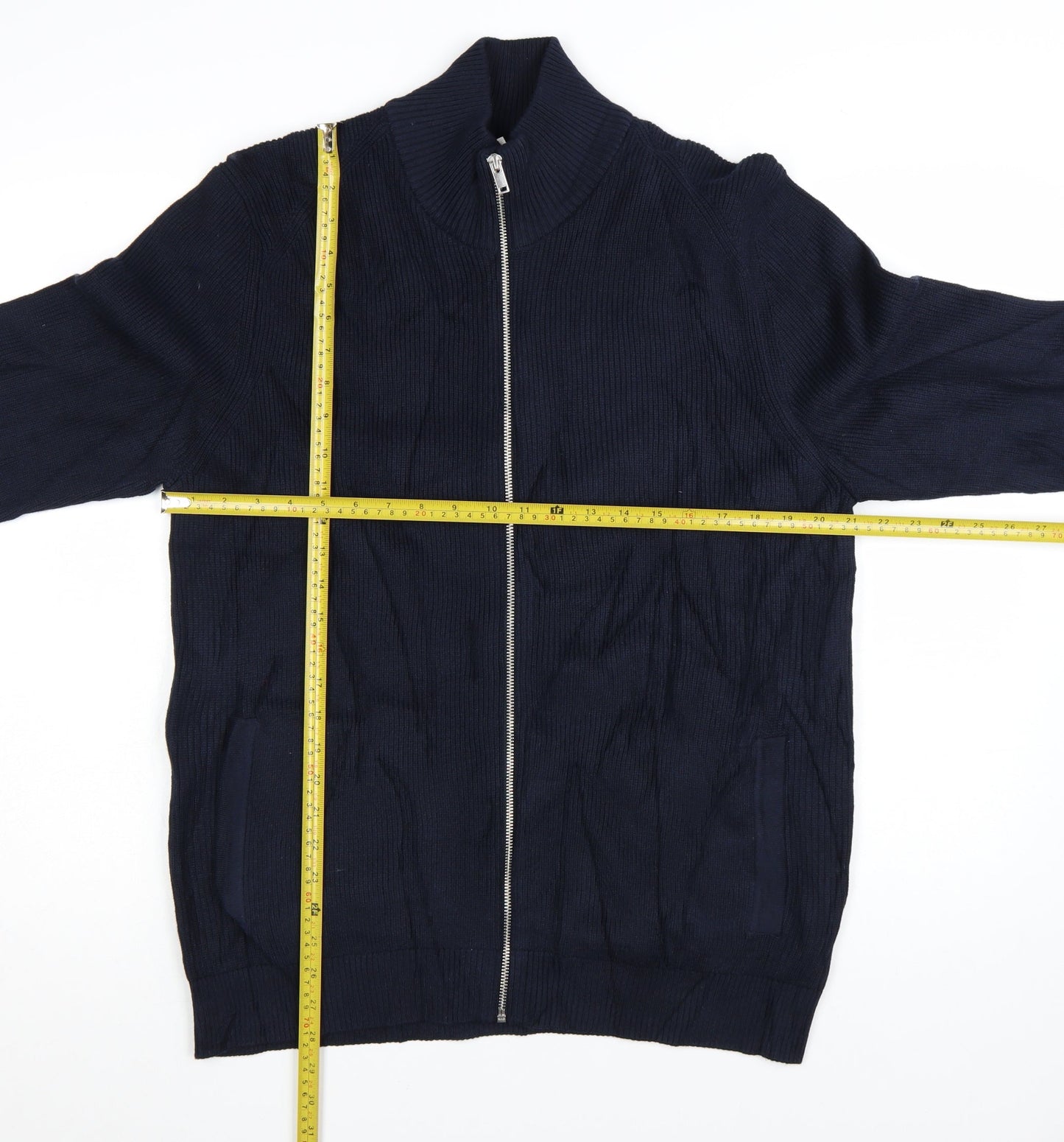 Marks and Spencer Men Blue XL Full Zip Cotton Blend Jumper