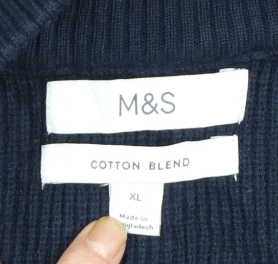 Marks and Spencer Men Blue XL Full Zip Cotton Blend Jumper