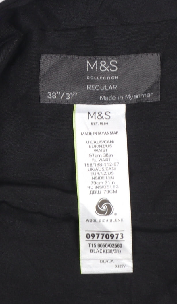 Marks and Spencer Men's Black Wool Blend Regular Fit Dress Trousers 38x31