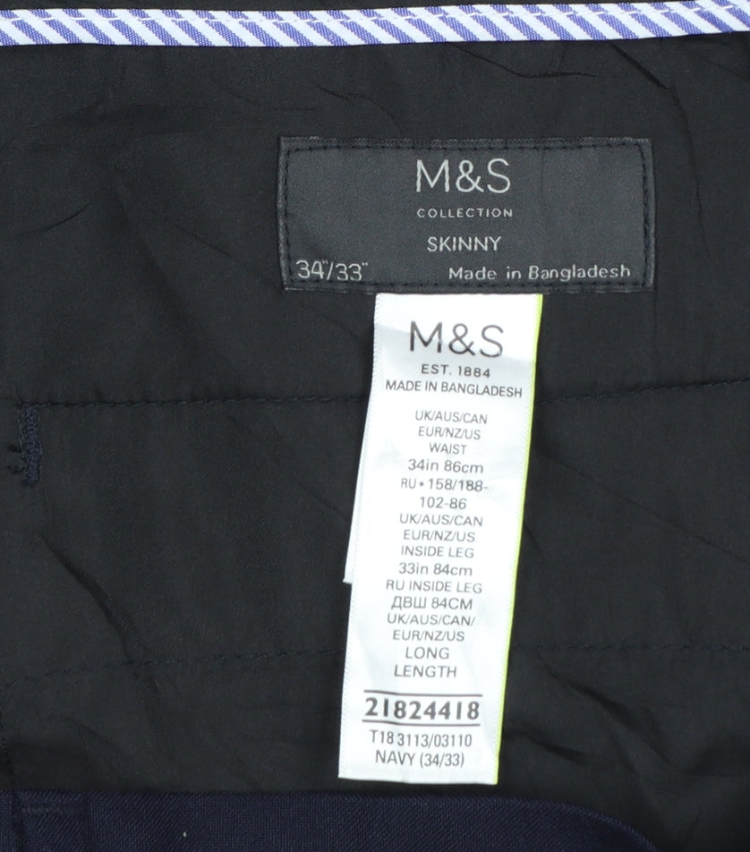 Marks and Spencer Men's Blue Slim Fit Trousers 34W 33L Polyester