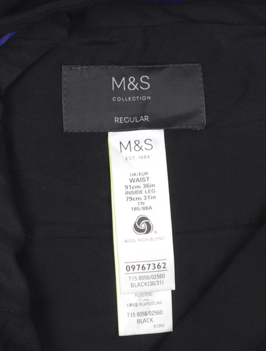 Marks and Spencer Men's Black Wool Blend Regular Fit Dress Trousers 36W 31L