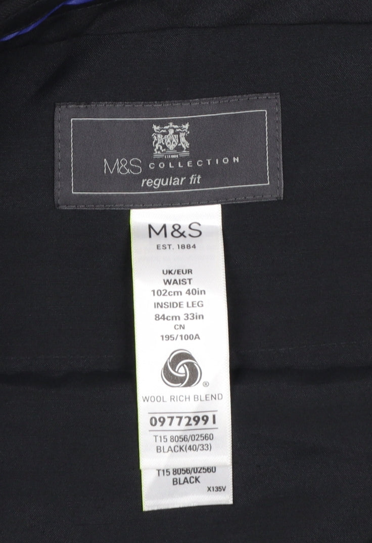 Marks and Spencer Men's Black Regular Fit Wool Blend Dress Trousers 40W 33L