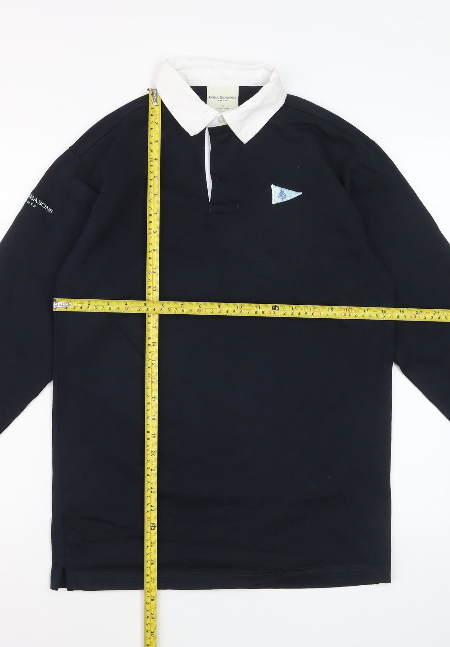 Four Seasons Men's Navy Long Sleeve Polo Shirt Size S 100% Cotton Yachting Style