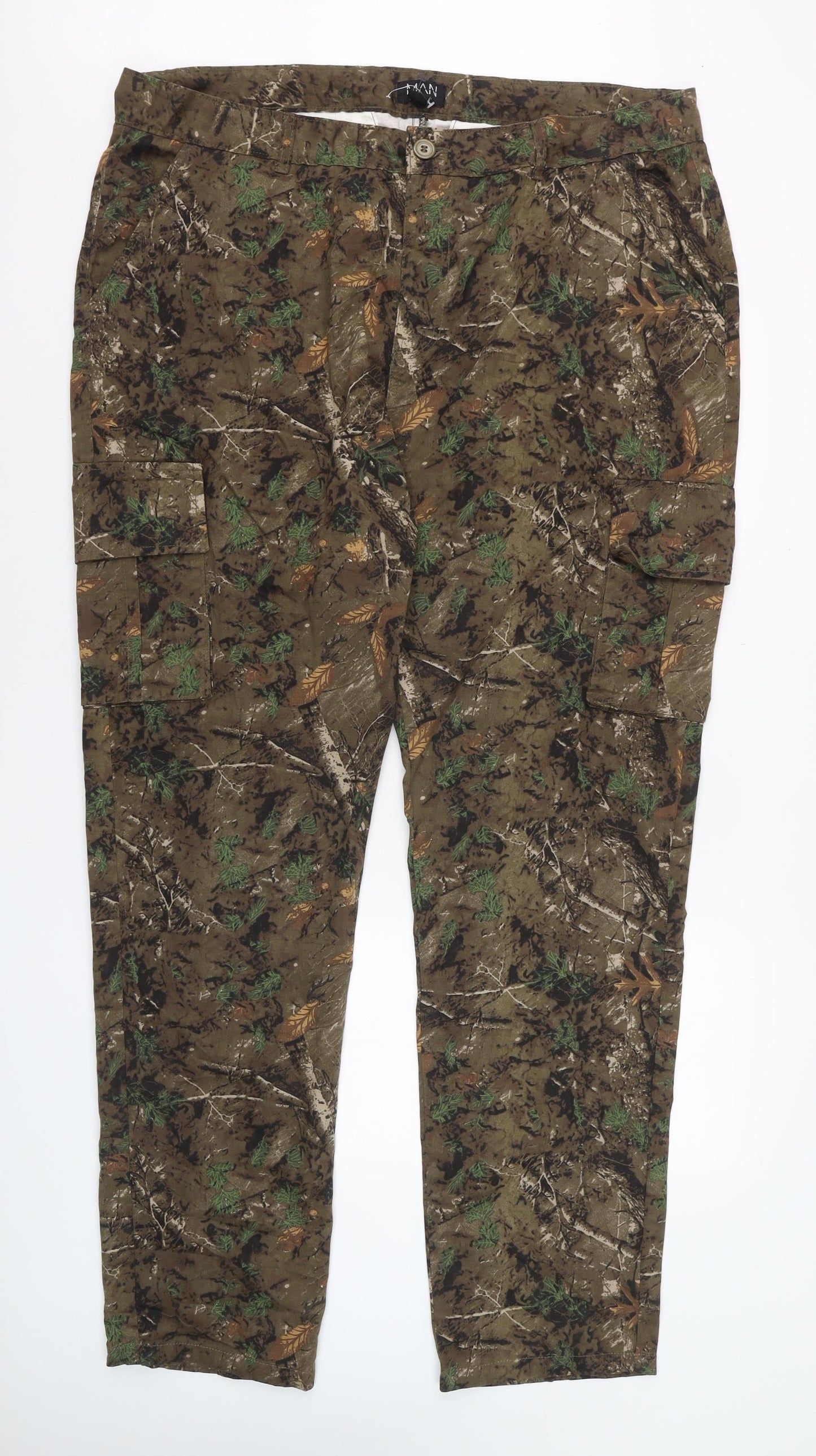 boohooMAN Mens Camouflage Cargo Trousers Khaki Size 42 Cotton Casual