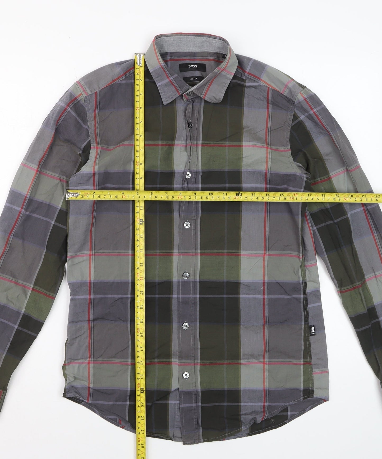 Hugo Boss Men's Grey Green Check Slim Fit Cotton Dress Shirt S