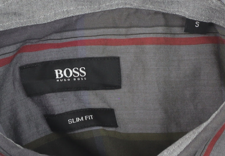 Hugo Boss Men's Grey Green Check Slim Fit Cotton Dress Shirt S