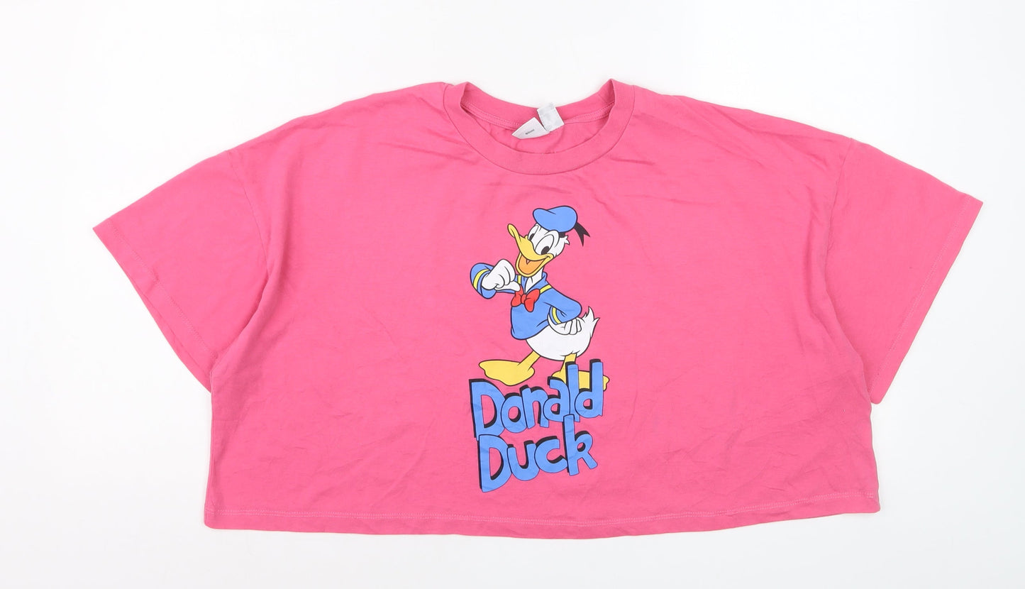 Disney Women’s Pink Donald Duck Cropped T-Shirt Size XL Relaxed Fit