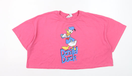 Disney Women’s Pink Donald Duck Cropped T-Shirt Size XL Relaxed Fit