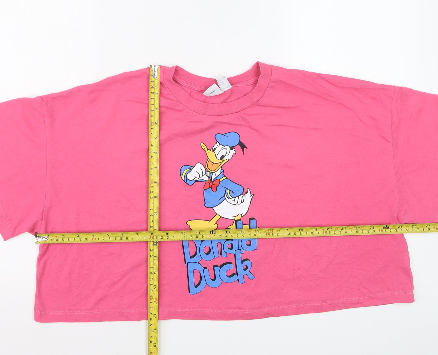 Disney Women’s Pink Donald Duck Cropped T-Shirt Size XL Relaxed Fit