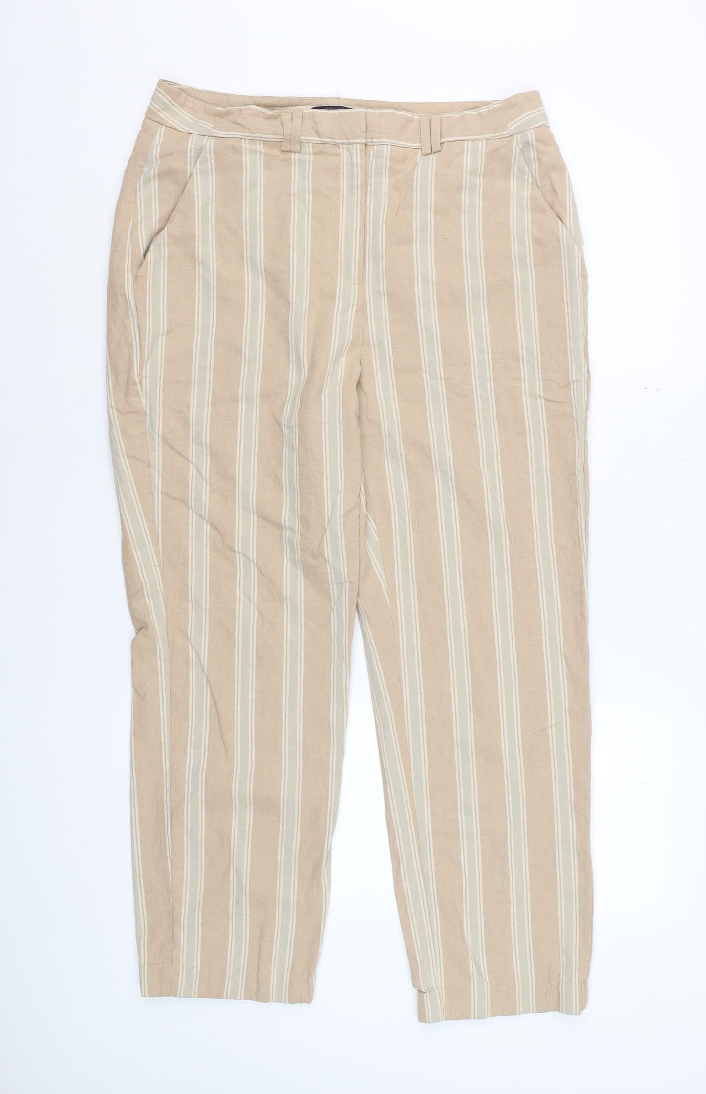 Marks and Spencer Womens Beige Striped Regular Linen Blend Trousers Size 14