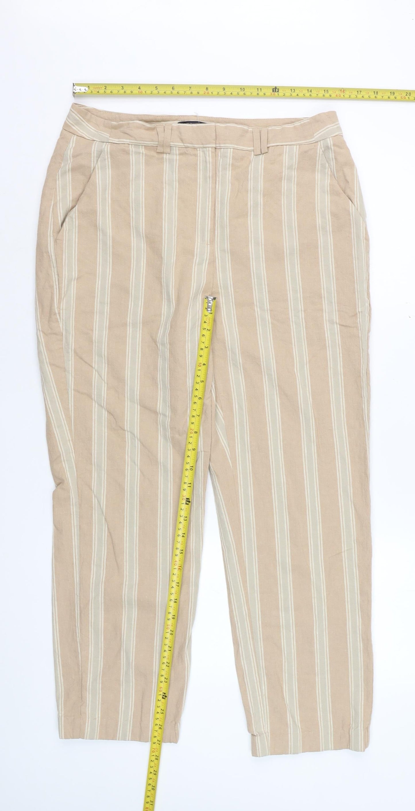 Marks and Spencer Womens Beige Striped Regular Linen Blend Trousers Size 14