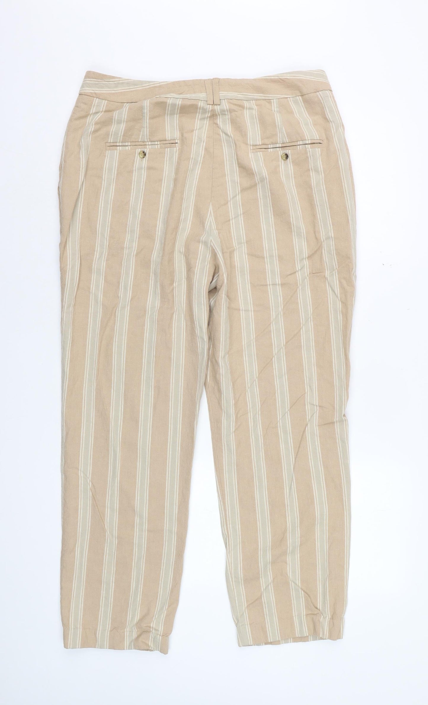 Marks and Spencer Womens Beige Striped Regular Linen Blend Trousers Size 14