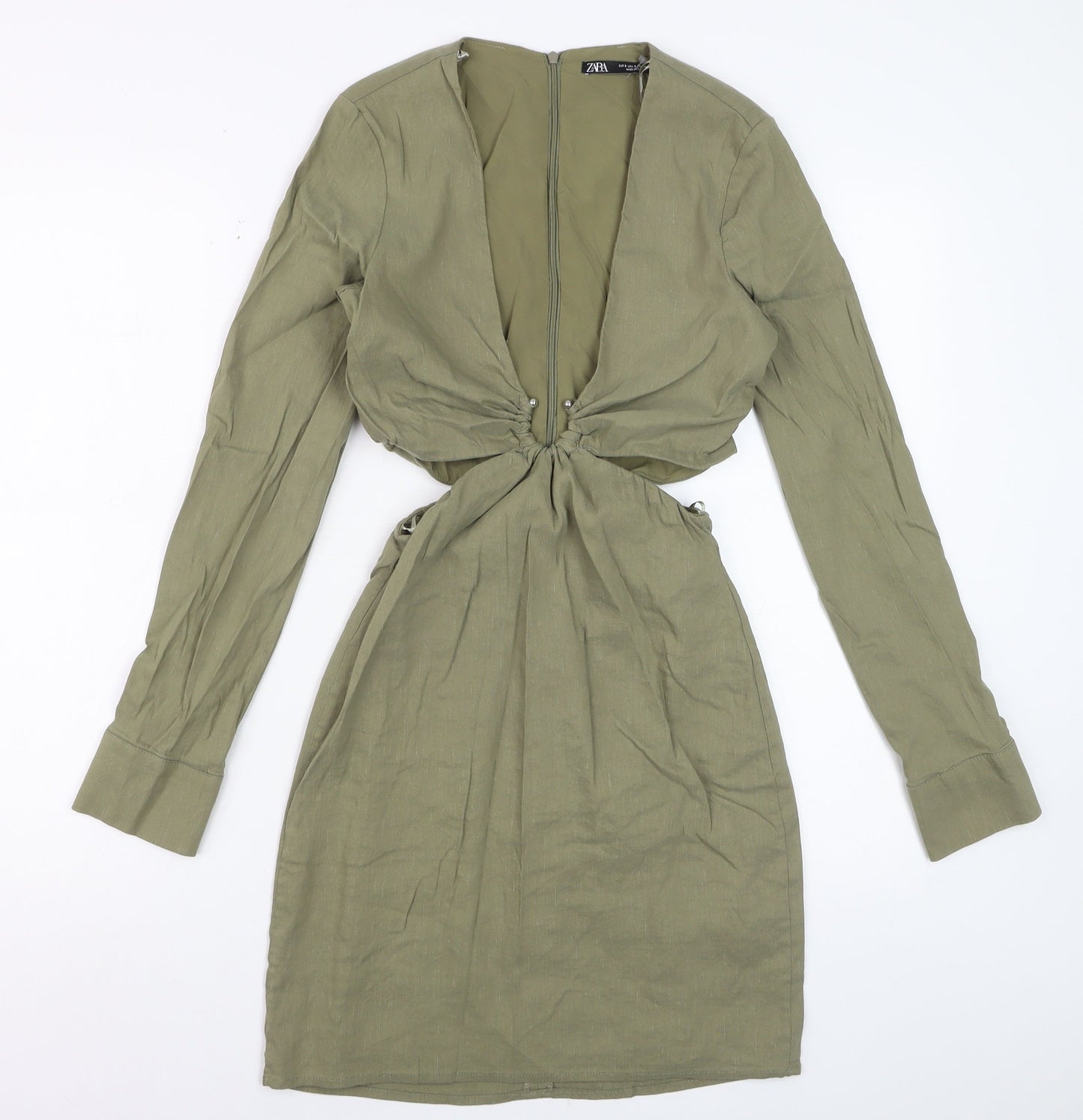 Zara Womens Khaki Cut Out Bodycon Mini Dress Long Sleeve UK 10