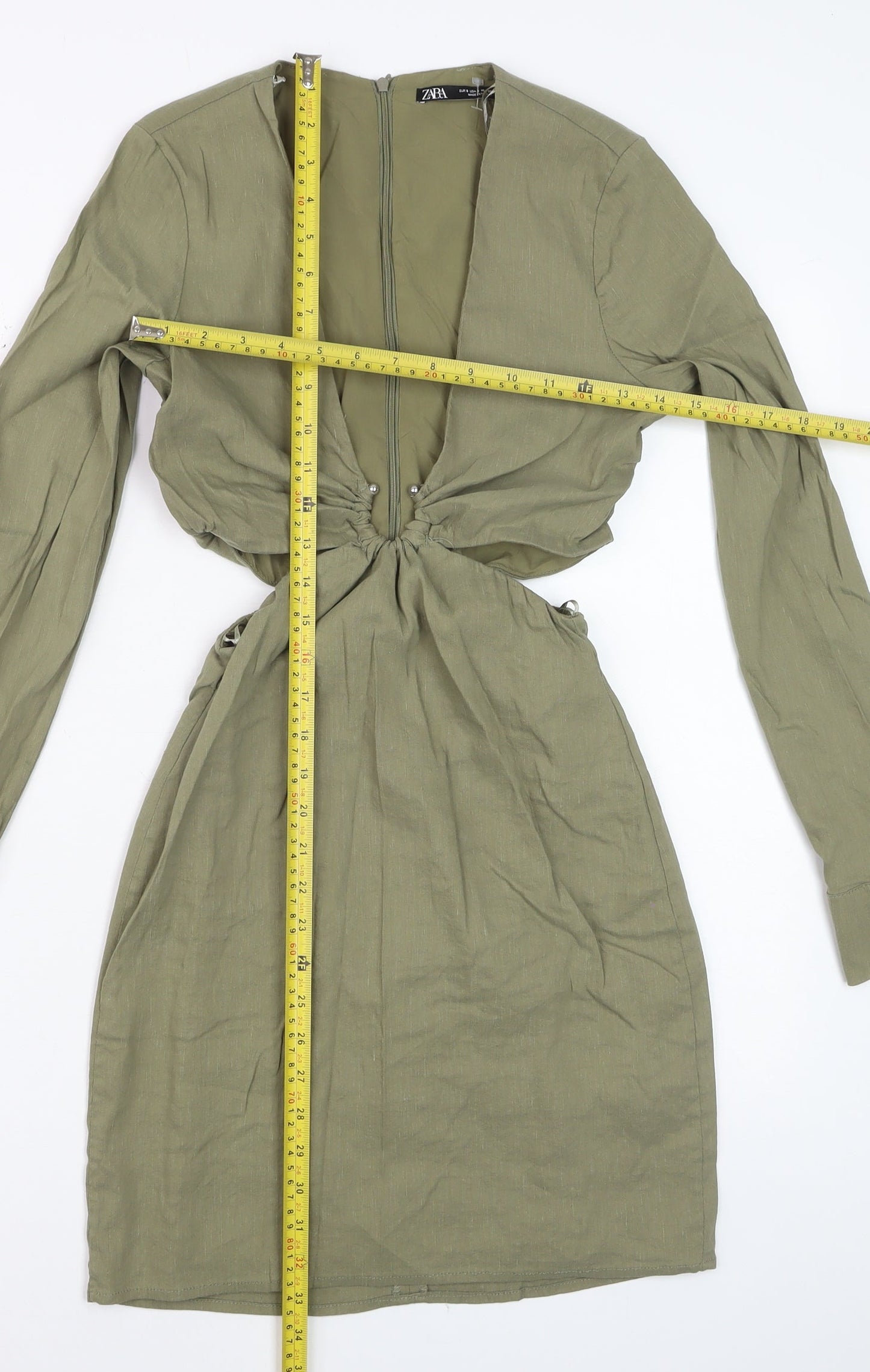 Zara Womens Khaki Cut Out Bodycon Mini Dress Long Sleeve UK 10