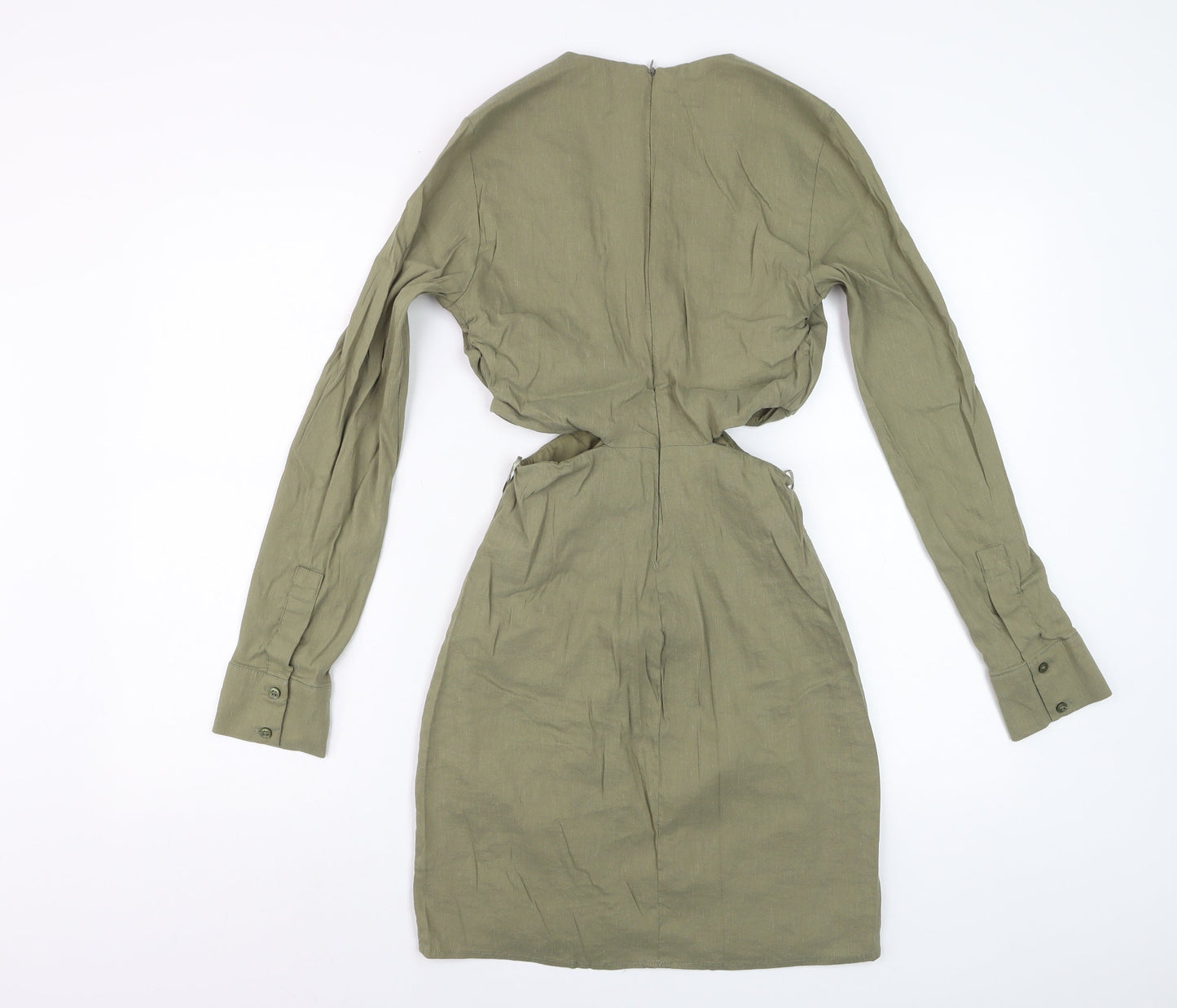 Zara Womens Khaki Cut Out Bodycon Mini Dress Long Sleeve UK 10