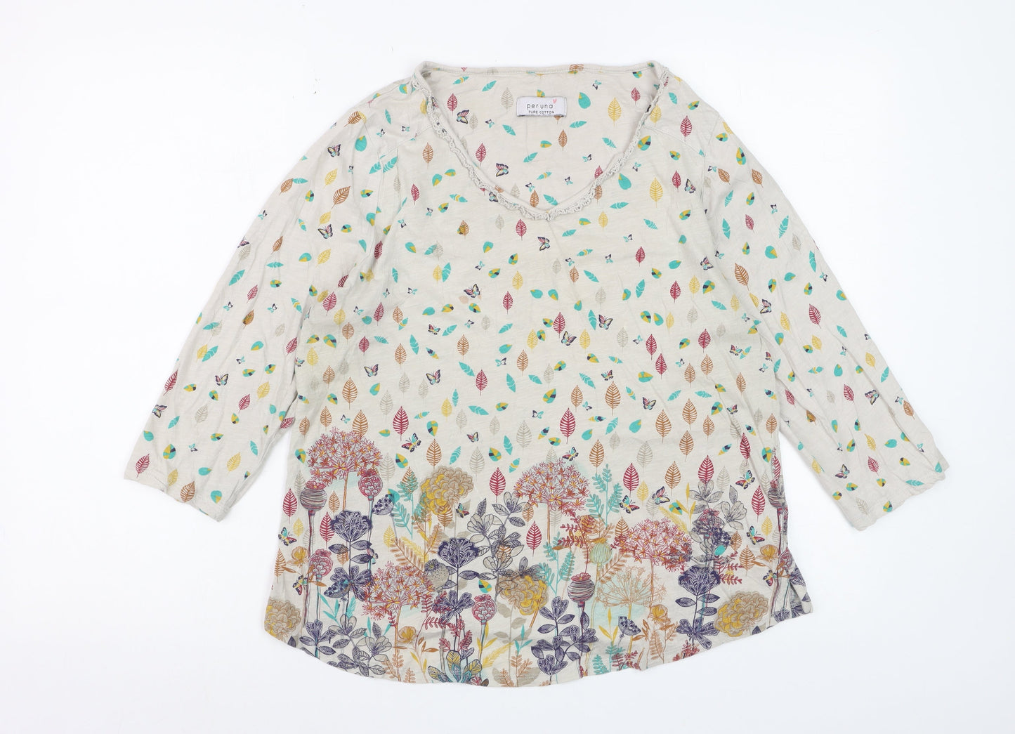 Marks and Spencer Per Una Women’s Beige Floral Leaf Print 3/4 Sleeve Cotton Top UK 16