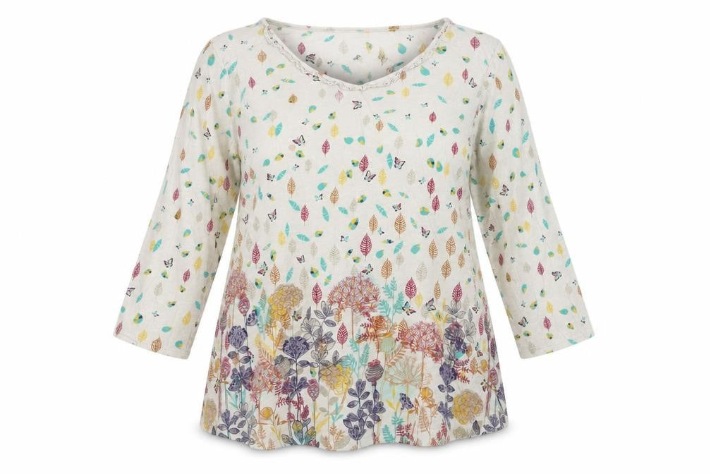 Marks & Spencer Per Una Women’s Beige Floral Leaf Print 3/4 Sleeve Cotton Top UK 16