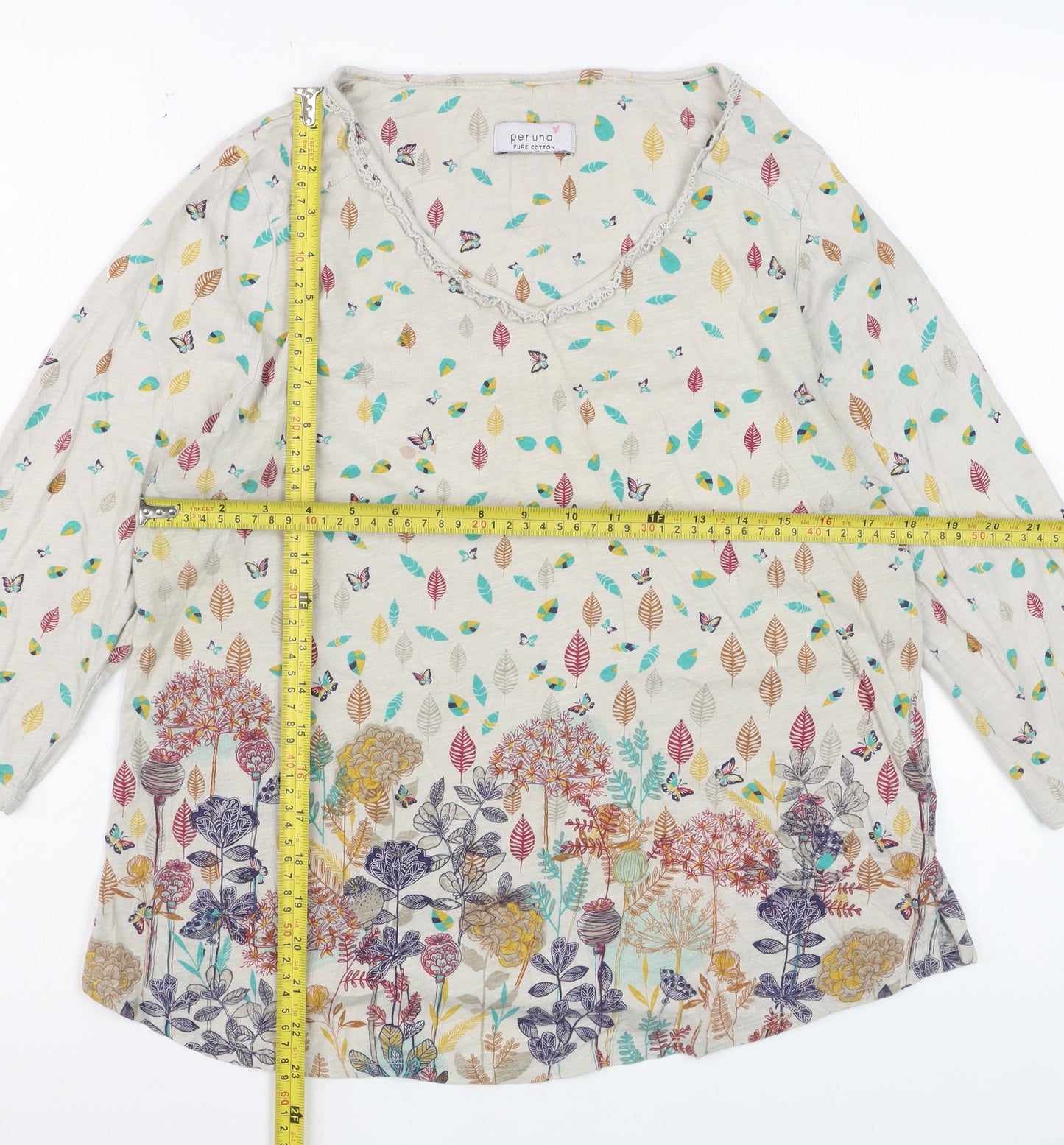 Marks and Spencer Per Una Women’s Beige Floral Leaf Print 3/4 Sleeve Cotton Top UK 16