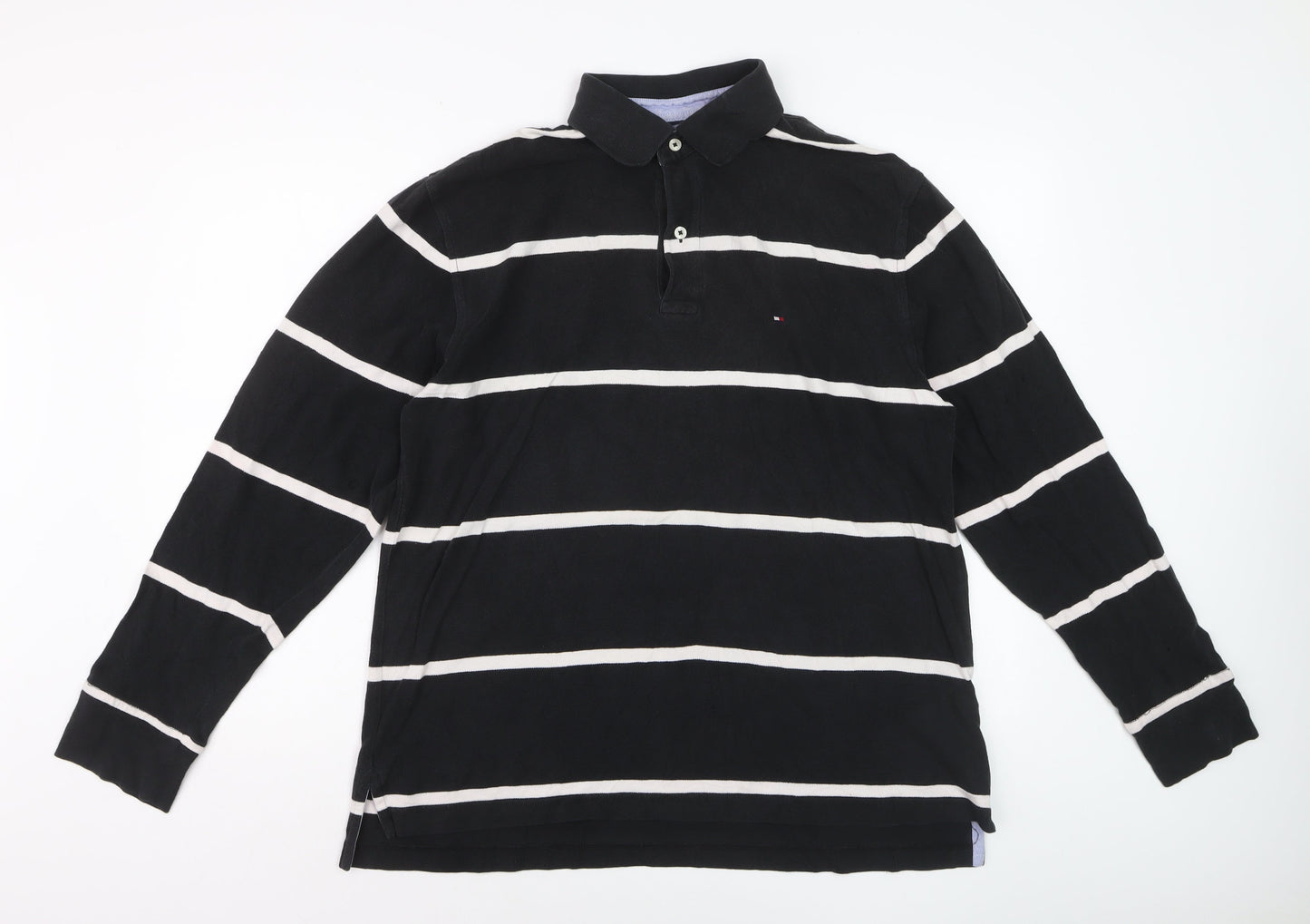 Tommy Hilfiger Men's Black Striped Long Sleeve Polo Shirt L