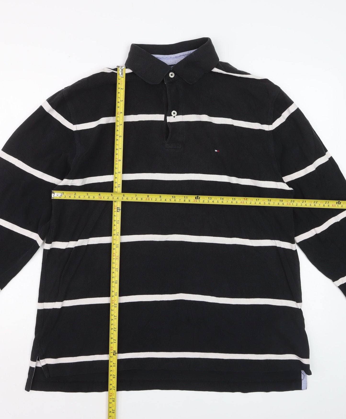Tommy Hilfiger Men's Black Striped Long Sleeve Polo Shirt L