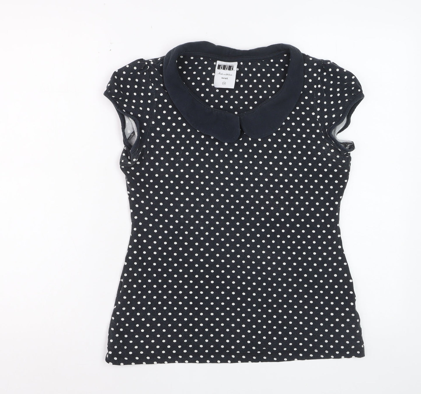Next Women Blue Polka Dot Collared Short Sleeve Cotton T-Shirt Size 14