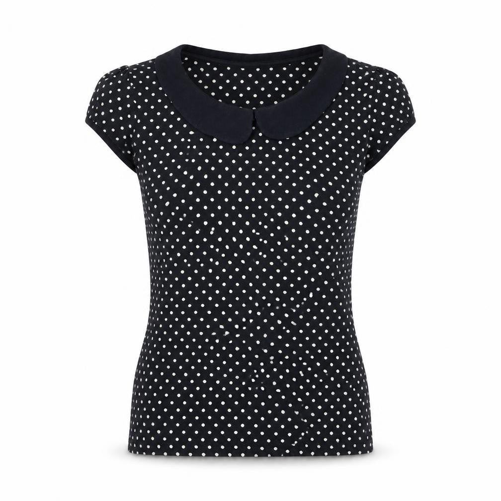 Next Women Blue Polka Dot Collared Short Sleeve Cotton T-Shirt Size 14