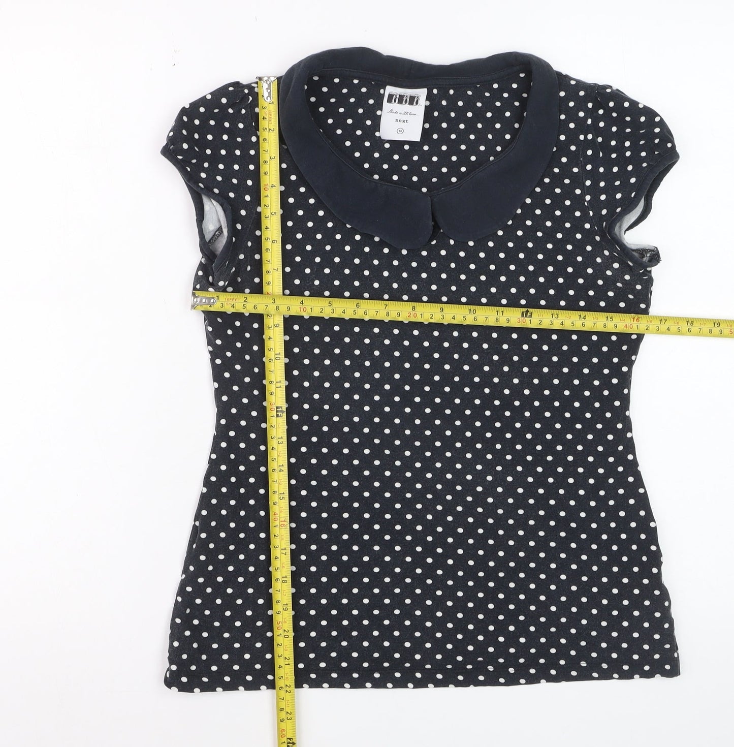 Next Women Blue Polka Dot Collared Short Sleeve Cotton T-Shirt Size 14