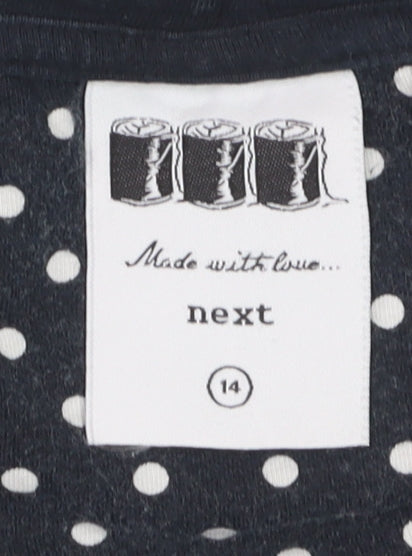 Next Women Blue Polka Dot Collared Short Sleeve Cotton T-Shirt Size 14