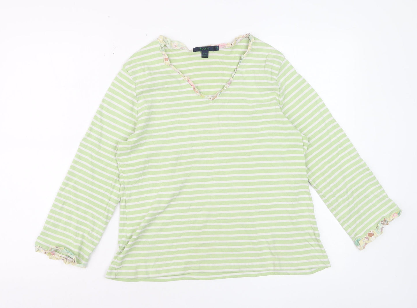 Boden Women Green Striped Long Sleeve Cotton V-Neck Top L