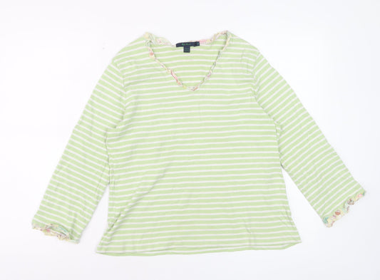 Boden Women Green Striped Long Sleeve Cotton V-Neck Top L