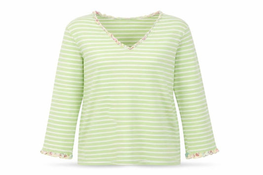 Boden Women Green Striped Long Sleeve Cotton V-Neck Top L