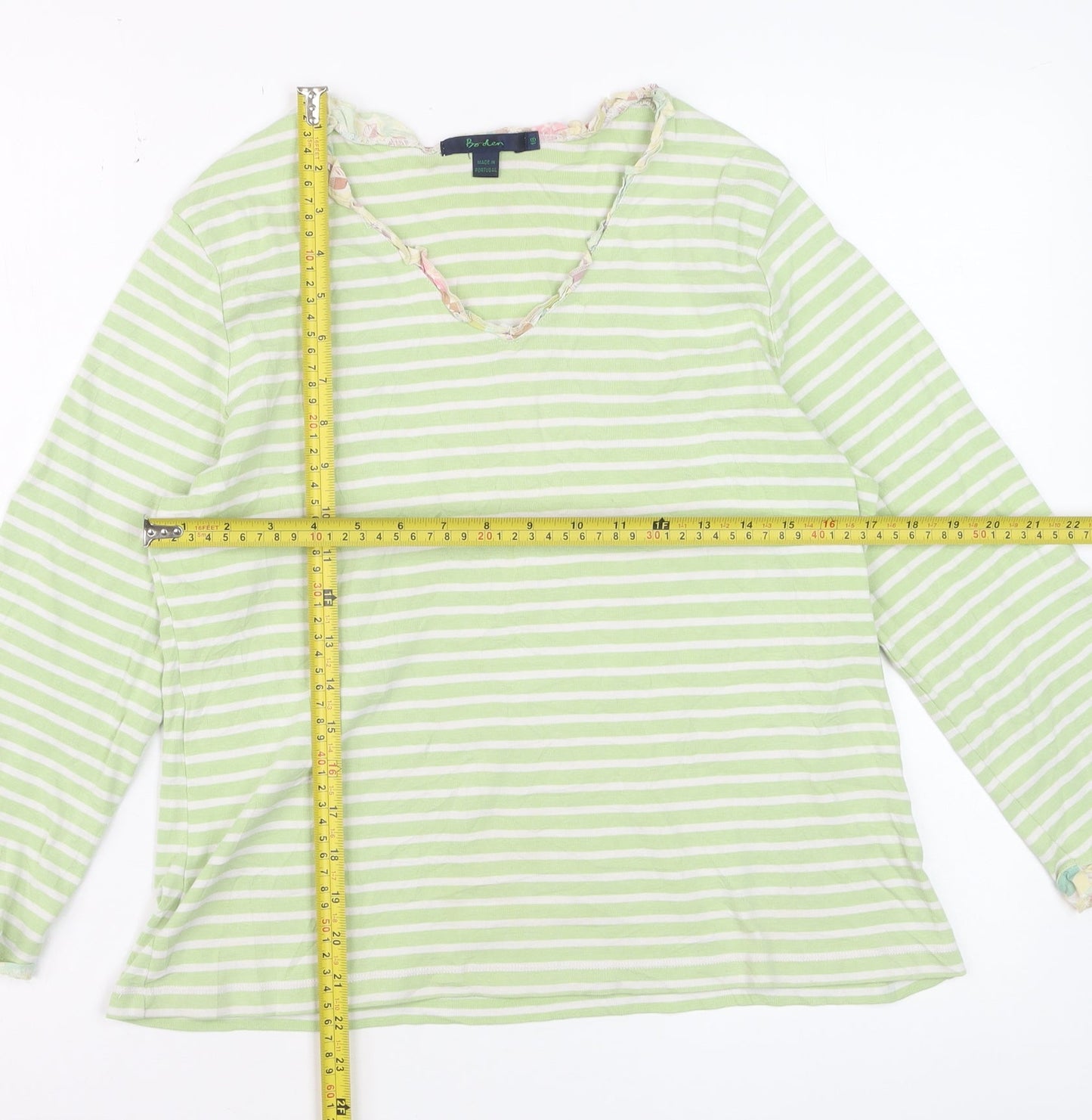 Boden Women Green Striped Long Sleeve Cotton V-Neck Top L