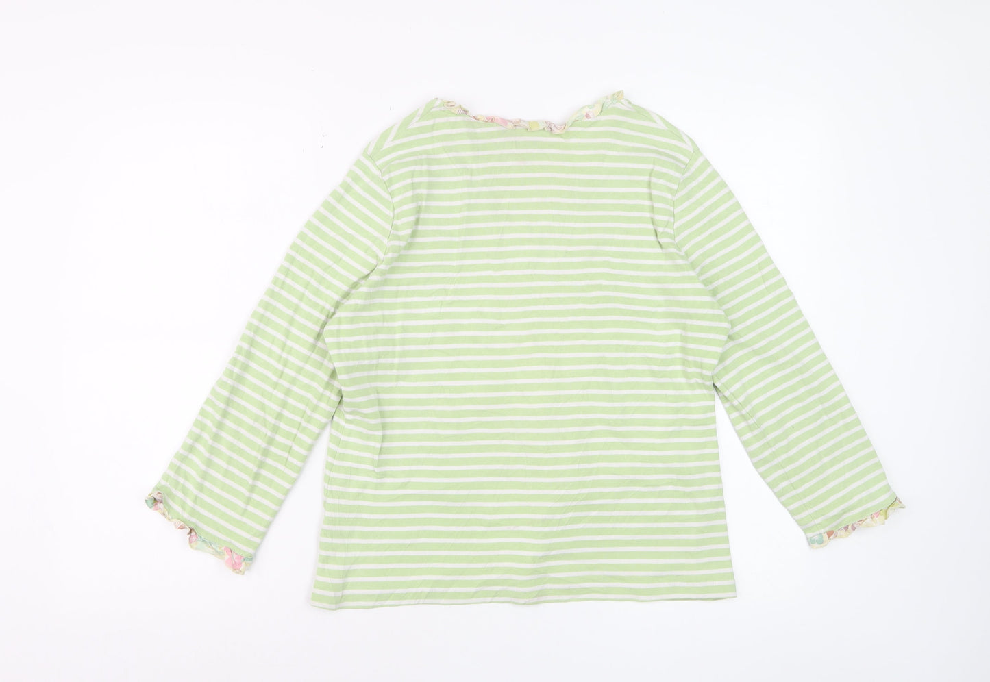 Boden Women Green Striped Long Sleeve Cotton V-Neck Top L