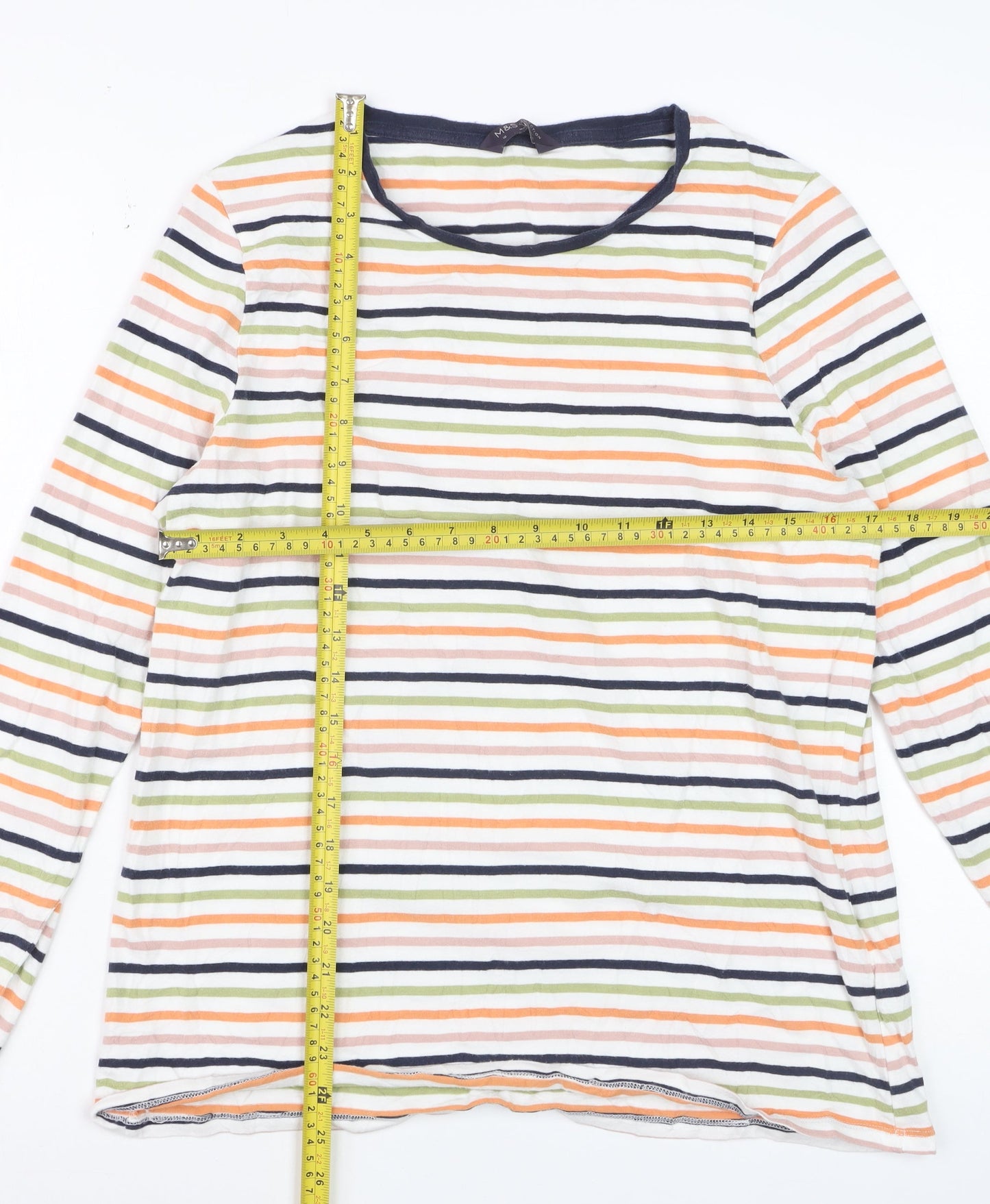Marks and Spencer Women's Multicoloured Stripe Long Sleeve Cotton T-Shirt Size 18